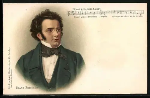 AK Portrait Franz Schubert, Notentext: Etwas geschwind, zart.