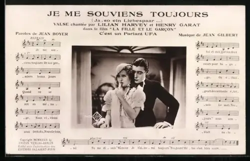 AK Elegantes Liebespaar, Je me souviens toujours, Lied mit Noten