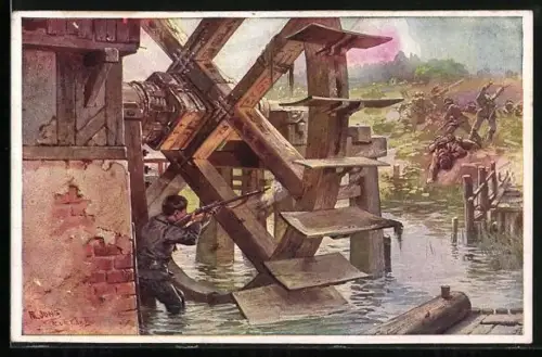 Künstler-AK Franz Jung-Ilsenheim: Rotes Kreuz Nr. 434, Soldat hinter Mühlrad kämpft gegen feindliche Übermacht