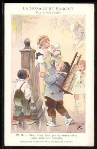 Künstler-AK sign. Geoffroy: Kinder trinken aus Schalen, La Morale De Pierrot