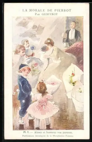 Künstler-AK Geoffroy: La Morale de Pierrot, Aimez et honorez vos parents, die Kinder des Harlekins begrüssen ihre Eltern