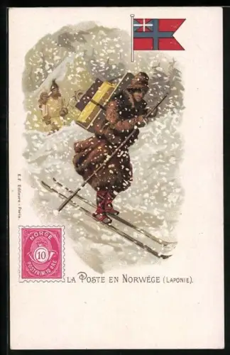 Lithographie Norwegischer Postbote auf Ski im Schneetreiben, Briefmarke 10 Oere