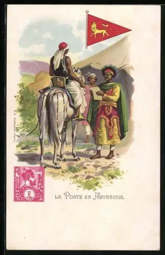 Lithographie Postebote in Abessinien, abessinische Briefmarke