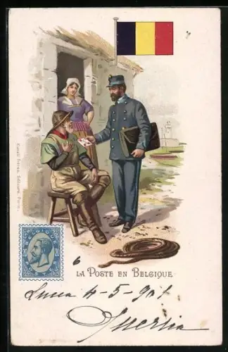 Lithographie La Poste en Belgique, Postbote bei einem Mann, Flagge, Briefmarke