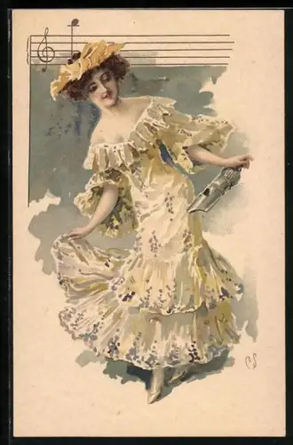 AK schöne Frau beim Tanzen, Jugendstil