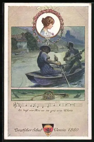 Künstler-AK Karl Friedrich Gsur: Deutscher Schulverein Nr. 91: Männer sitzen auf einem Paddelboot und musizieren