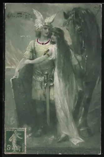 Künstler-AK Götterdämmerung, Hermes mit Jungfrau und Pferd