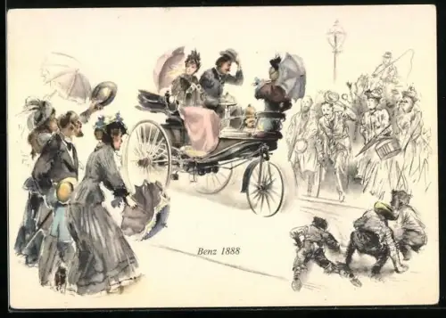 Künstler-AK Karl Benz in München erstmalig 1888 einen Benz-Motorwagen fahrend