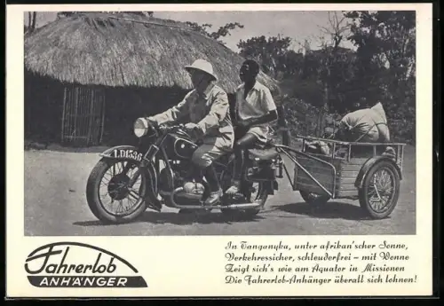 AK BMW Motorrad mit Fahrerlob Anhänger in Tanganyka, Reklame