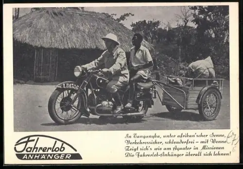 AK BMW Motorrad mit Fahrerlob Anhänger in Tanganyka, Reklame