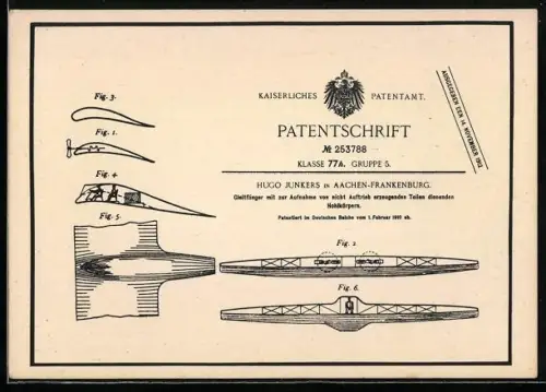 AK Junkers, Patentschrift vom 01.02.1910, Kaiserliches Patentamt, Gleitflieger
