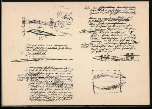 Künstler-AK Handschriftliche Aufzeichnungen von Junkers zum Nerflügel-Flugzeugpatent 1909
