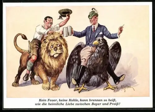 Künstler-AK Ernst Schlemo: Die heimliche Liebe zwischen Bayer und Preiss!, Bajuware und Preusse auf Löwe und Adler