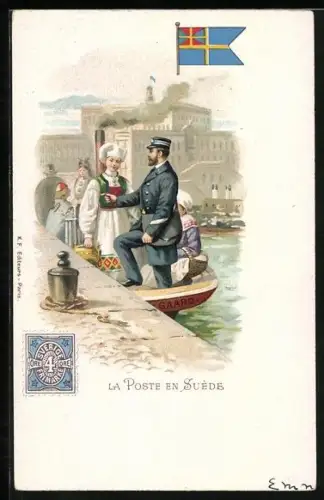 Lithographie La Poste en Suede, Postbote, Flagge, Briefmarke
