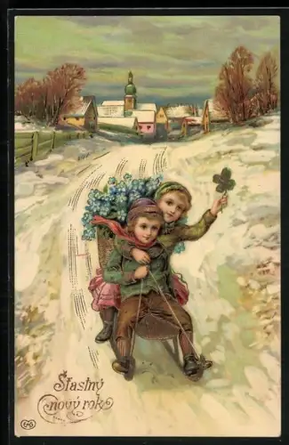 AK Kinder mit grossem Blumenkorb auf Schlittenfahrt