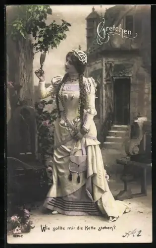 AK Goethe`s Faust, Gretchen betrachtet sich in einem Handspiegel