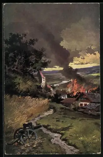 Künstler-AK Theodor Guggenberger: Landschaft mit brennenden Häusern und Kanone