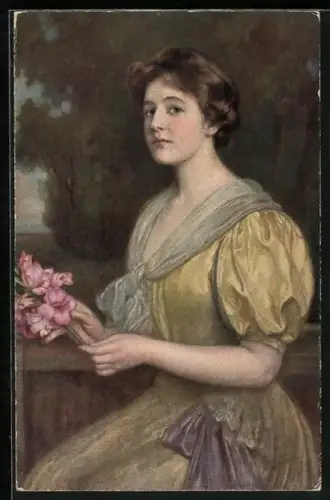 Ölgemälde-Imitations-AK In Gedanken, junge Dame mit Blumen