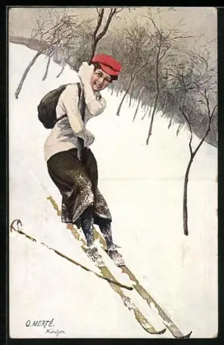 Künstler-AK O.Merte: Frau fährt Ski durchs Unterholz