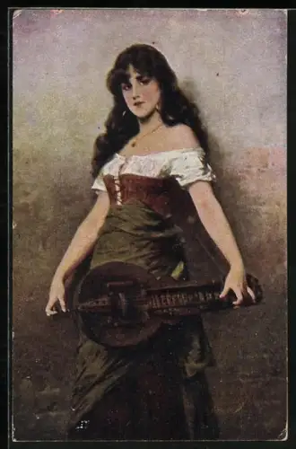 AK Junge Frau mit einer Drehleier