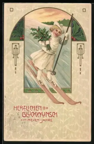 Präge-AK Junges Mädchen fährt Ski, Neujahrsgruss, Passepartout