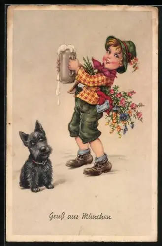 AK Münchner Junge mit Bierkrug und Terrier