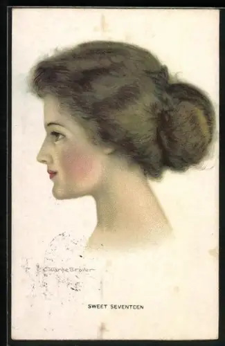 Künstler-AK Sweet Seventeen, Portrait hübsches Mädchen mit Dutt