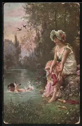 Künstler-AK Hans Zatzka: Der grosse Schwimmer, Amor und Mädchen