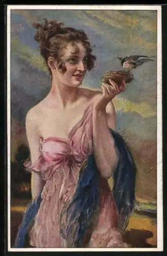 Künstler-AK Leopold Schmutzler: Stille Sehnsucht, Allegorie, Maid mit Vogel