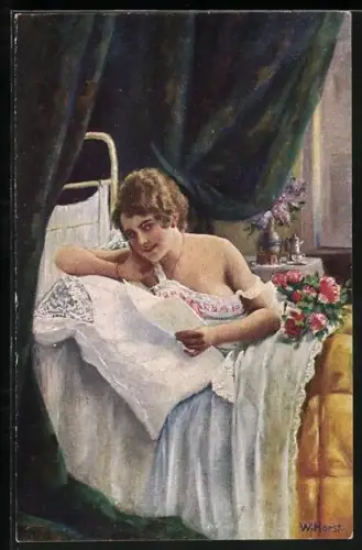 Künstler-AK hübsche Frau liest ihre Morgenpost im Bett