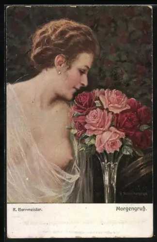 Künstler-AK R. Borrmeister: Schönheit mit nackter Brust riecht an einem Strauss Rosen