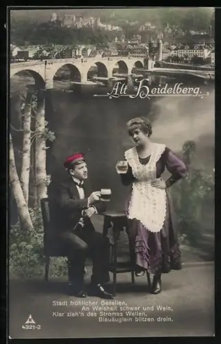 AK Alt-Heidelberg, Stadt fröhlicher Gesellen..., Student und Mädel, Montage