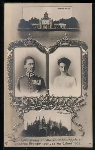 AK Kronprinz Wilhelm und Kronprinzessin Cecilie mit Marmor Palais und Schloss zu Schwerin, zur Vermählungsfeier 1915