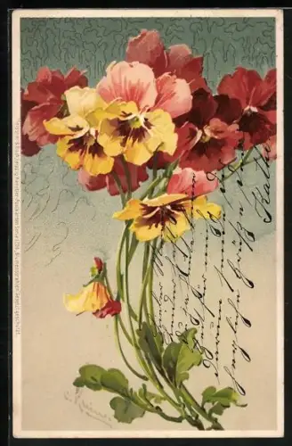 Künstler-AK Catharina Klein: Blumenstrauss mit bunten Stiefmütterchen vor blauem Hintergrund
