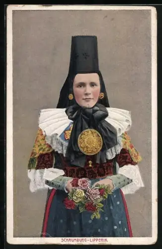 AK Junge Frau in Trachtenkleid mit Blumen in der Hand