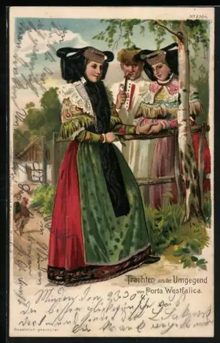 Lithographie Frauen in Tracht aus der Umgegend von Porta Westfalica begrüssen sich