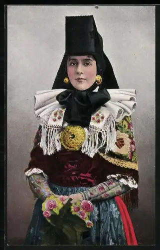 AK Tracht Schaumburg-Lippe, Junge Frau mit Blumenstrauss