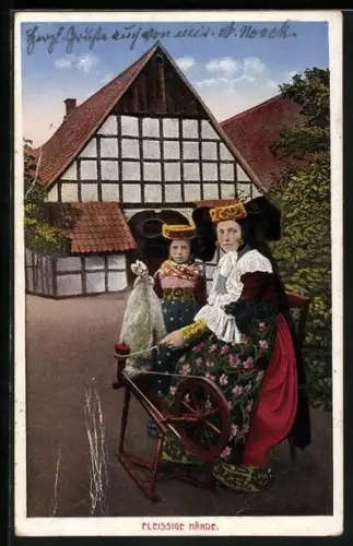 AK Frau und Kind am Spinnrad in der Tracht von Schaumburg-Lippe