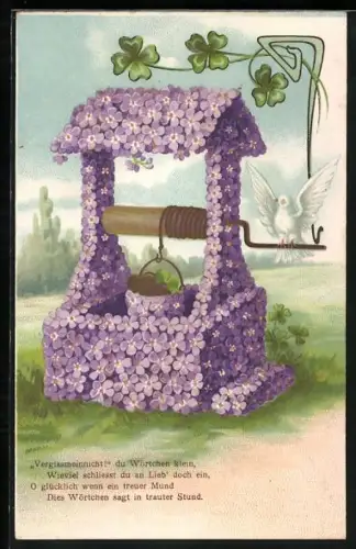 Künstler-AK Brunnen aus Vergissmeinnicht mit einem Eimer voller Herzen, Blumenbild