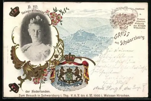 Lithographie Schwarzburg, Ansicht von oben, Königin Wilhelmina von den Niederlanden, Wappen, Gasthaus
