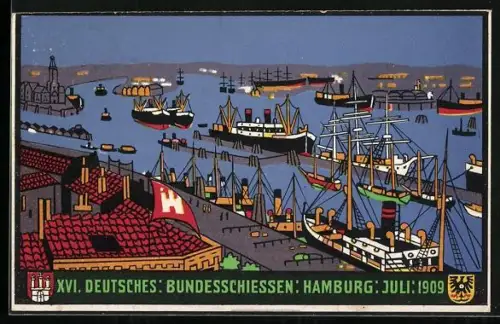 Künstler-AK Hamburg, XVI Deutsches Bundesschiessen 1909, Hafenansicht, Wappen