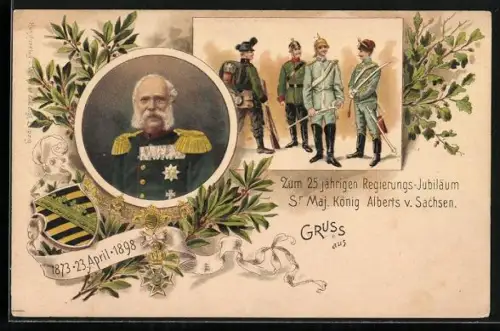 Lithographie Sr. Maj. König Alberts von Sachsen zum 25 jährigen Regierungs-Jubiläum, Soldaten in versch. Uniformen