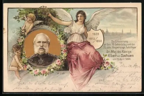 Lithographie Portrait König Albert von Sachsen, 70. Geburtstag, Engel