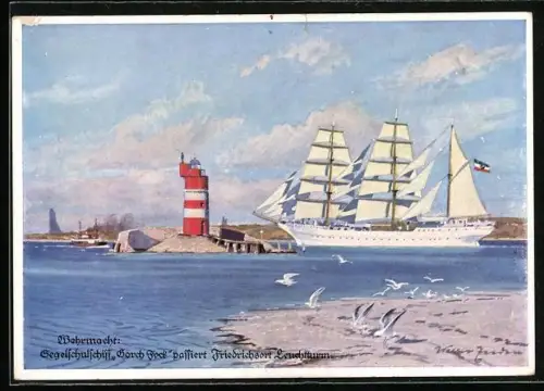 Künstler-AK W. Zeeden: Friedrichsort, Segelschulschiff Gorch Fock passiert den Leuchtturm