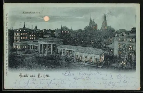 Mondschein-AK Aachen, Partie am Elisenbrunnen, Halt gegen das Licht