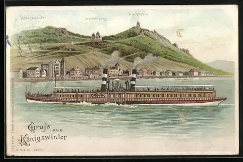 Lithographie Königswinter, Drachenburg und Dampfer Wilhelm, Mond und Fenster leuchten, Halt gegen das Licht