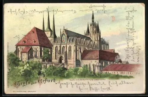 Lithographie Erfurt, Dom mit Severikirche, Halt gegen das Licht