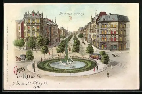 Lithographie Köln a. Rh., Hohenstaufenring mit Strassenbahn, Halt gegen das Licht
