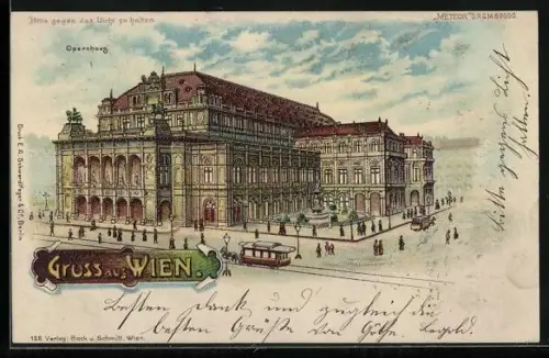 Lithographie Wien, Strassenbahn am Opernhaus, Vollmond, Halt gegen das Licht