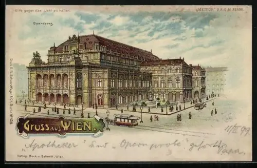 Lithographie Wien, Strassenbahn am Opernhaus, Vollmond bei Halt gegen das Licht